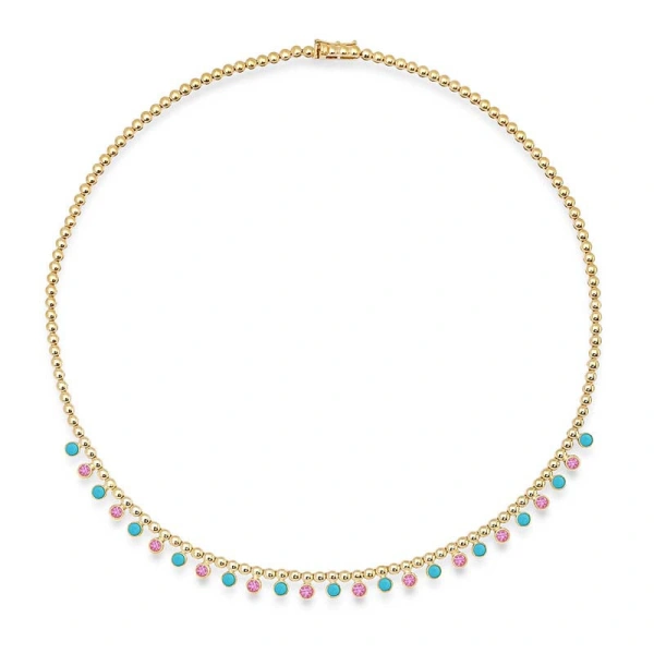 Jennifer Meyer Bezel Tennis Necklace with 1/3 Pink Sapphire & Turquoise Bezel Accents in 18K Yellow Gold | Fine Necklaces | Coveti