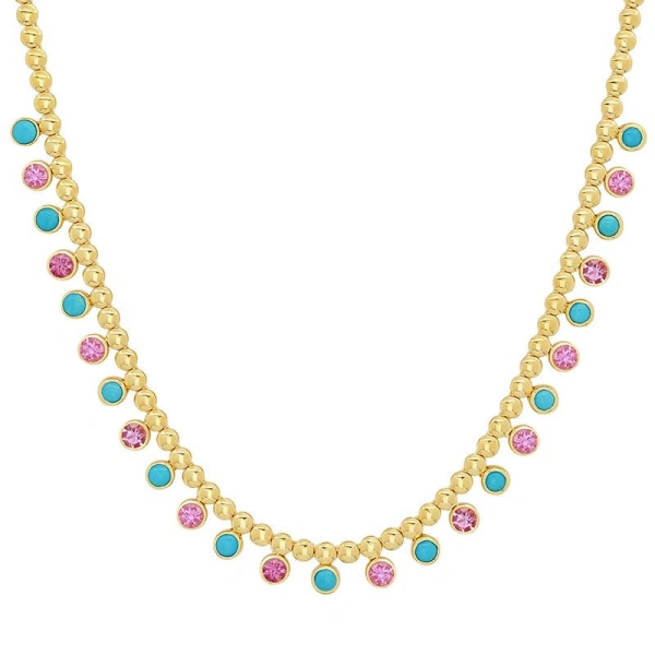 Jennifer Meyer Bezel Tennis Necklace with 1/3 Pink Sapphire & Turquoise Bezel Accents in 18K Yellow Gold | Fine Necklaces | Coveti