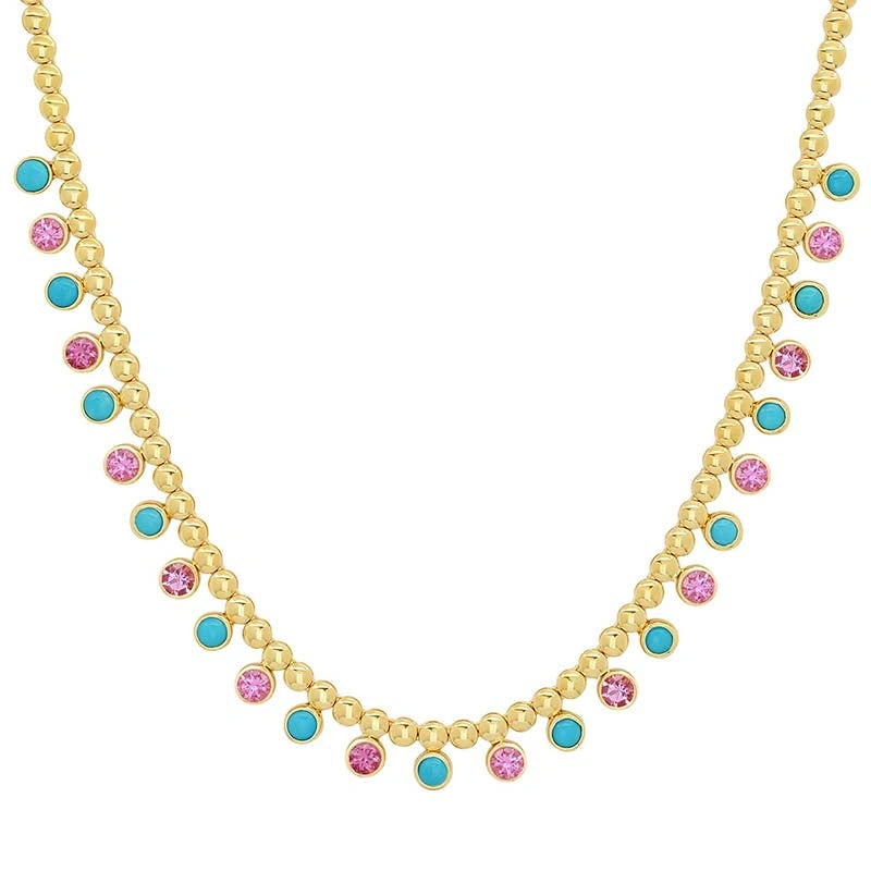 Jennifer Meyer Bezel Tennis Necklace with 1/3 Pink Sapphire & Turquoise Bezel Accents in 18K Yellow Gold Jennifer Meyer Bezel Tennis Necklace with 1/3 Pink Sapphire & Turquoise Bezel Accents in 18K Yellow Gold | Fine Necklaces | Coveti