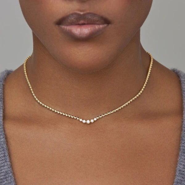Jennifer Meyer Bezel Tennis Necklace with Graduated Diamond Center in 18K Yellow Gold | Fine Necklaces | Coveti