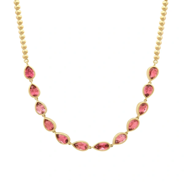 Bezel Tennis Necklace with Pear Cut Tourmaline in 18K Yellow Gold