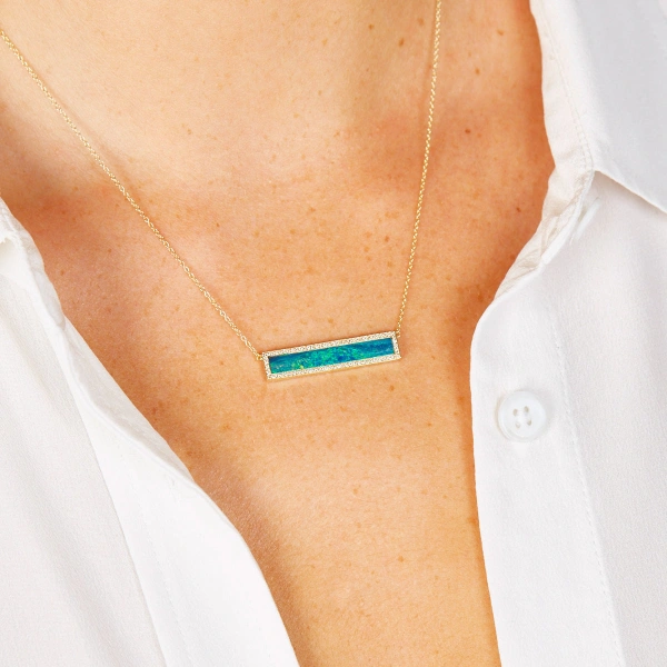 Jennifer Meyer Blue Boulder Opal Inlay Bar Necklace with Diamonds in 18K Yellow Gold | Fine Necklaces | Coveti