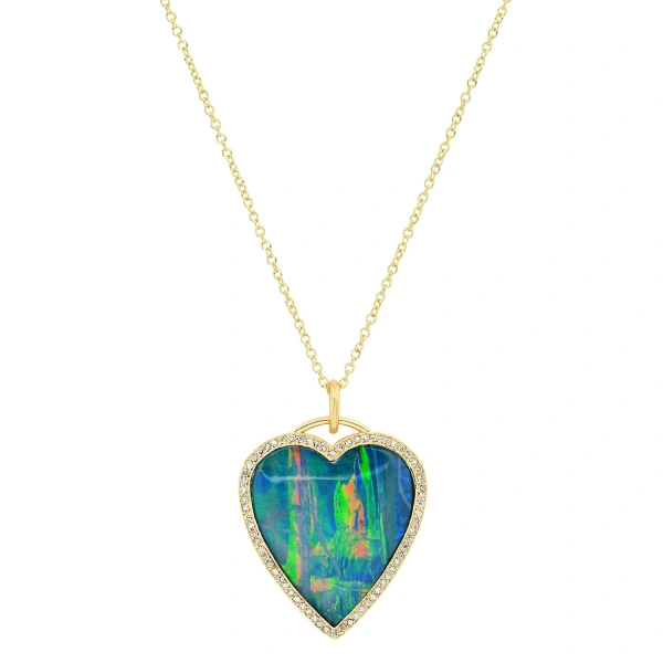Jennifer Meyer Blue Boulder Opal Inlay Heart Necklace with Diamonds in 18K Yellow Gold | Fine Necklaces | Coveti