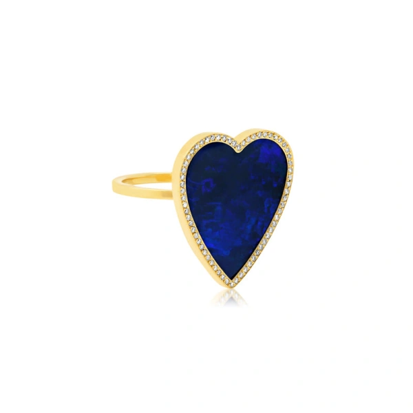 Jennifer Meyer Blue Boulder Opal Inlay Heart Ring with Diamonds in 18K Yellow Gold | Fine Rings | Coveti