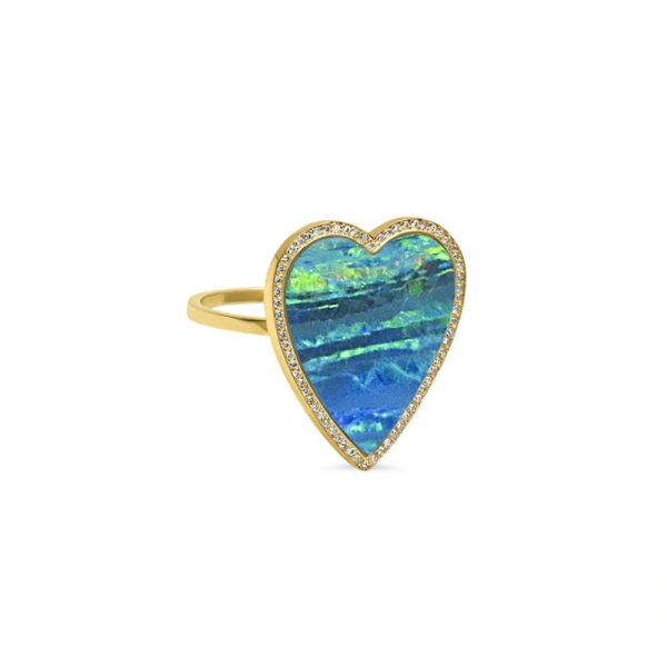 Jennifer Meyer Blue Boulder Opal Inlay Heart Ring with Diamonds in 18K Yellow Gold | Fine Rings | Coveti