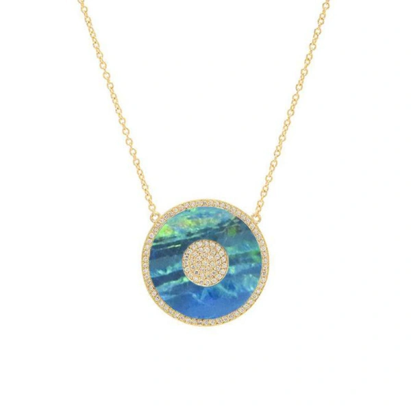 Jennifer Meyer Blue Boulder Opal and Diamond Inlay Evil Eye Necklace in 18K Yellow Gold | Fine Necklaces | Coveti