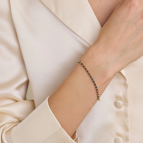 Jennifer Meyer Blue Sapphire Baguette Tennis Bracelet in 18K Yellow Gold | Fine Bracelets | Coveti