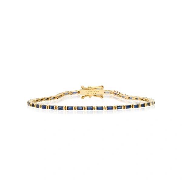 Jennifer Meyer Blue Sapphire Baguette Tennis Bracelet in 18K Yellow Gold | Fine Bracelets | Coveti