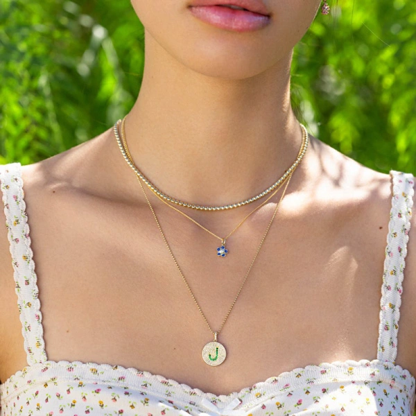 Jennifer Meyer Blue Sapphire Flower Necklace with Diamond Center in 18K Yellow Gold | Fine Necklaces | Coveti