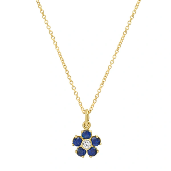 Blue Sapphire Flower Necklace with Diamond Center in 18K Yellow Gold