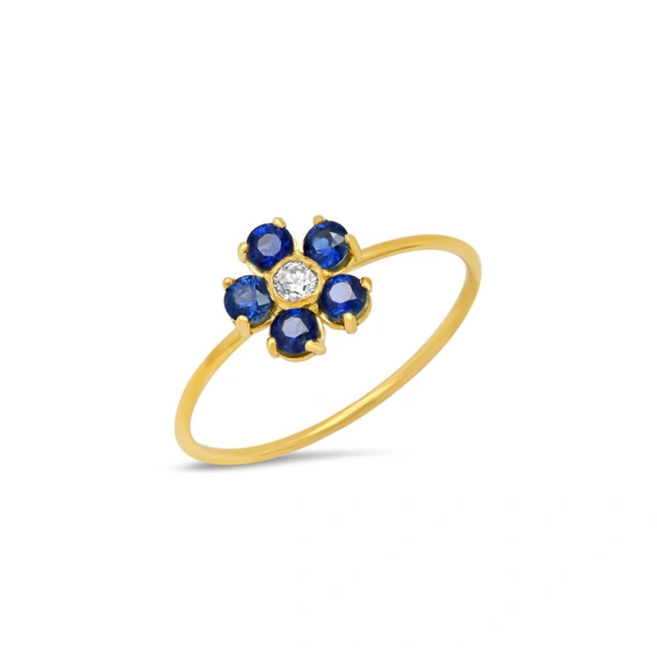 Jennifer Meyer Blue Sapphire Flower Ring with Diamond Center in 18K Yellow Gold | Fine Rings | Coveti
