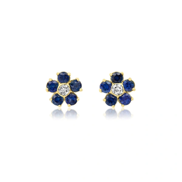 Blue Sapphire Flower Studs with Diamond Center in 18K Yellow Gold