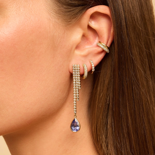 Jennifer Meyer Cascading 4 Prong Diamond Tennis Studs with Tanzanite Drops in 18K Yellow Gold | Fine Earrings | Coveti