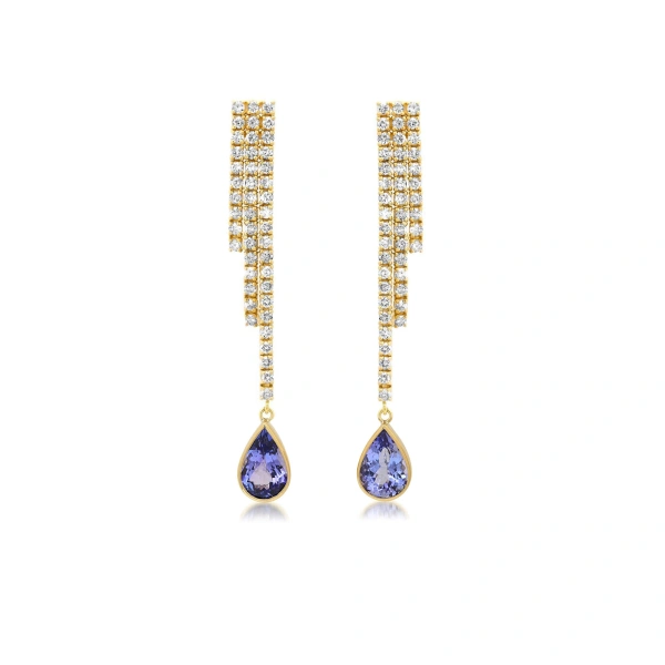 Cascading 4 Prong Diamond Tennis Studs with Tanzanite Drops in 18K Yellow Gold