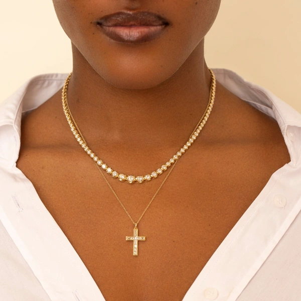 Jennifer Meyer Channel Set Diamond Baguette Cross Necklace in 18K Yellow Gold | Fine Necklaces | Coveti