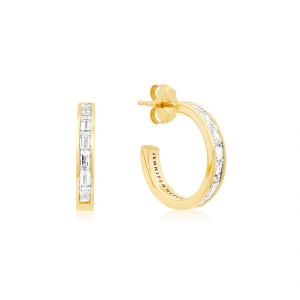 Jennifer Meyer Channel Set Diamond Baguette Hoops in 18K Yellow Gold | Fine Earrings | Coveti