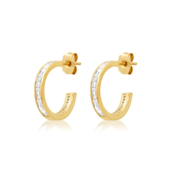 Jennifer Meyer Channel Set Diamond Baguette Hoops in 18K Yellow Gold | Fine Earrings | Coveti