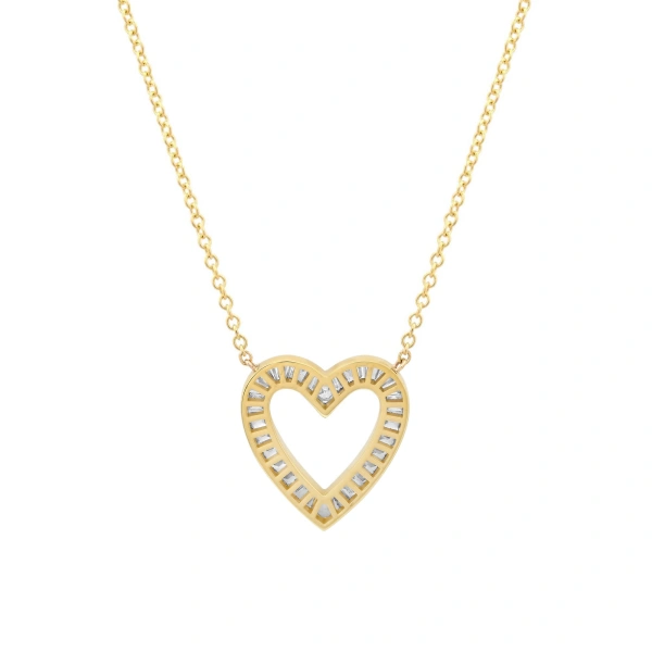 Jennifer Meyer Channel Set Diamond Baguette Open Heart Necklace in 18K Yellow Gold | Fine Necklaces | Coveti