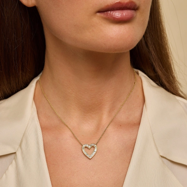 Jennifer Meyer Channel Set Diamond Baguette Open Heart Necklace in 18K Yellow Gold | Fine Necklaces | Coveti