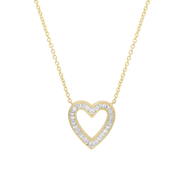 Jennifer Meyer Channel Set Diamond Baguette Open Heart Necklace in 18K Yellow Gold | Fine Necklaces | Coveti
