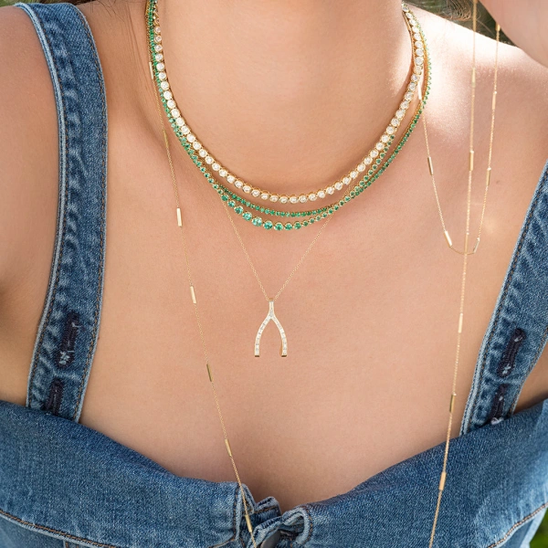 Jennifer Meyer Channel Set Diamond Baguette Wishbone Necklace in 18K Yellow Gold | Fine Necklaces | Coveti