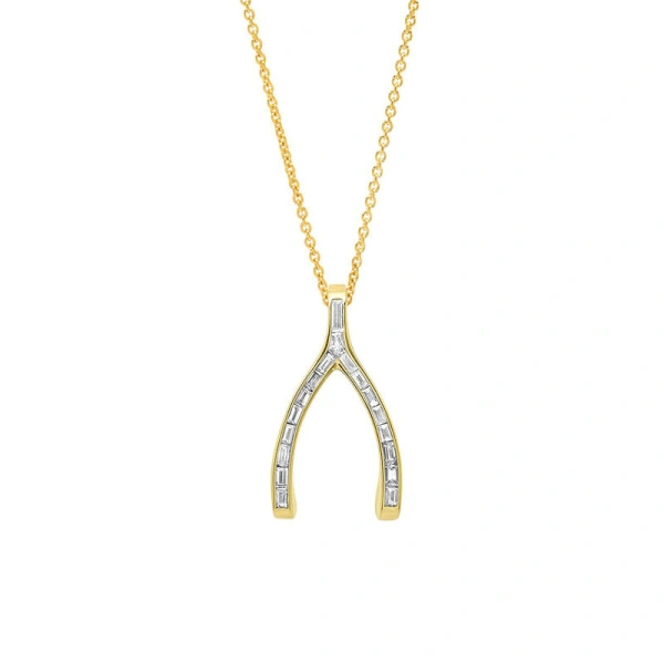 Jennifer Meyer Channel Set Diamond Baguette Wishbone Necklace in 18K Yellow Gold | Fine Necklaces | Coveti