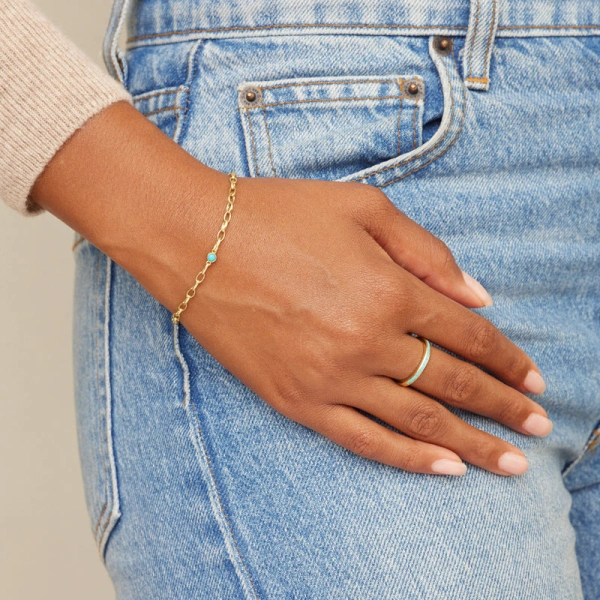 Jennifer Meyer Channel Set Turquoise Baguette Ring in 18K Yellow Gold | Fine Rings | Coveti