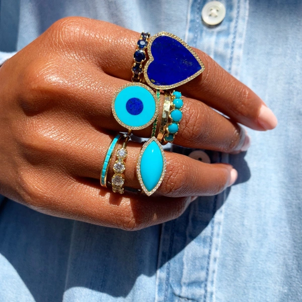 Jennifer Meyer Channel Set Turquoise Baguette Ring in 18K Yellow Gold | Fine Rings | Coveti