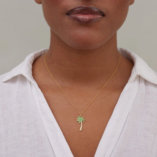 Jennifer Meyer Diamond And Emerald Palm Tree Necklace in 18K Yellow Gold | Fine Necklaces | Coveti