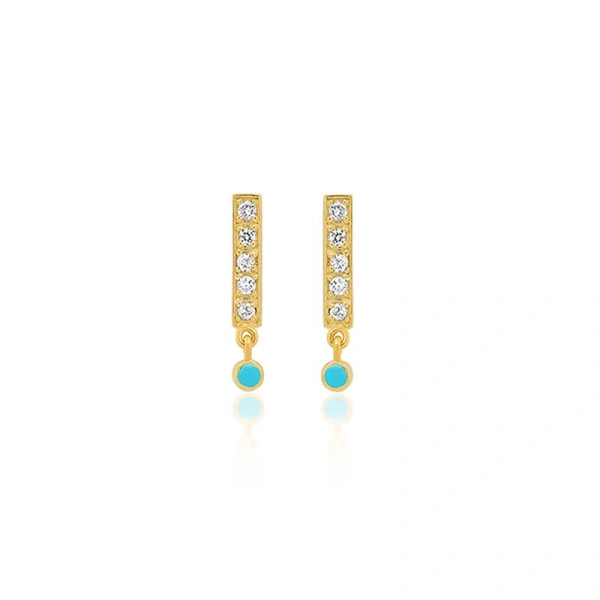 Jennifer Meyer Diamond Bar Studs with Turquoise Bezel Drop in 18K Yellow Gold | Fine Earrings | Coveti