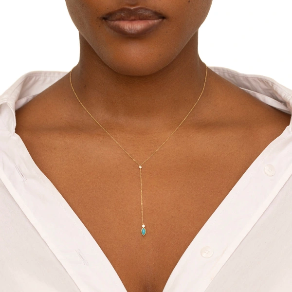 Jennifer Meyer Diamond Bezel with Turquoise Marquise Lariat Necklace in 18K Yellow Gold | Fine Necklaces | Coveti