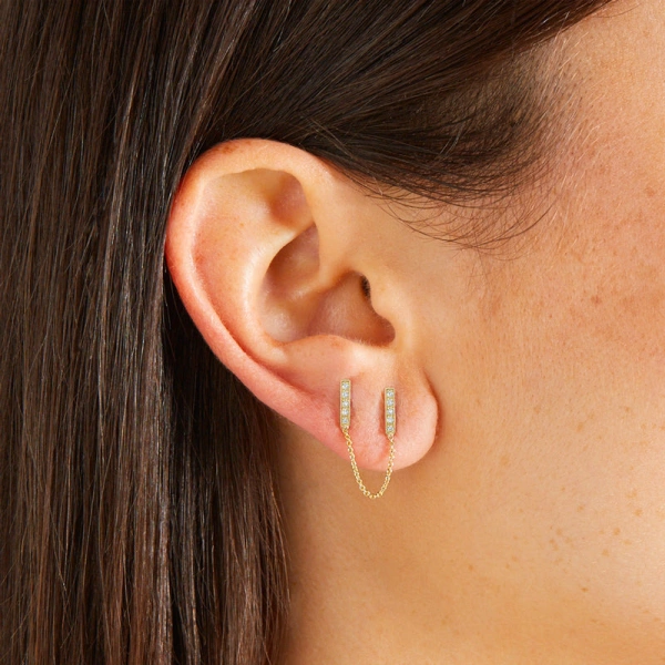 Jennifer Meyer Diamond Double Bar Stud in 18K Yellow Gold | Fine Earrings | Coveti
