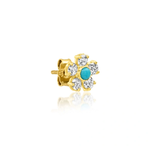 Jennifer Meyer Diamond Flower Studs with Turquoise Center in 18K Yellow Gold | Fine Earrings | Coveti