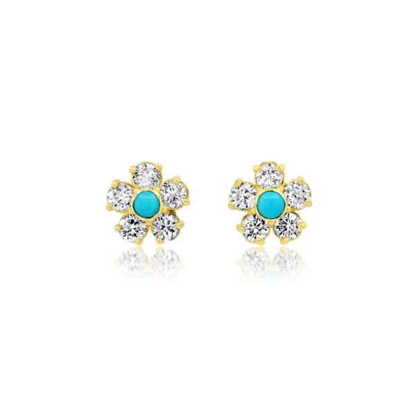 Jennifer Meyer Diamond Flower Studs with Turquoise Center in 18K Yellow Gold | Fine Earrings | Coveti