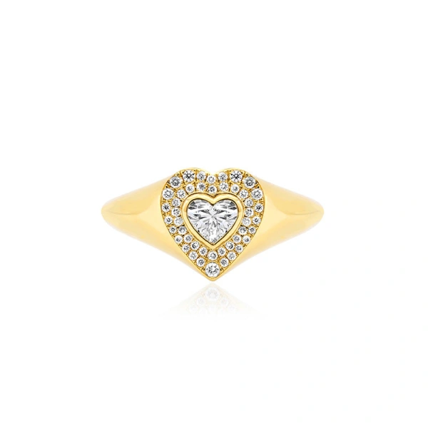 Jennifer Meyer Diamond Heart Signet Ring with Heart Cut Diamond in 18K Yellow Gold | Fine Rings | Coveti