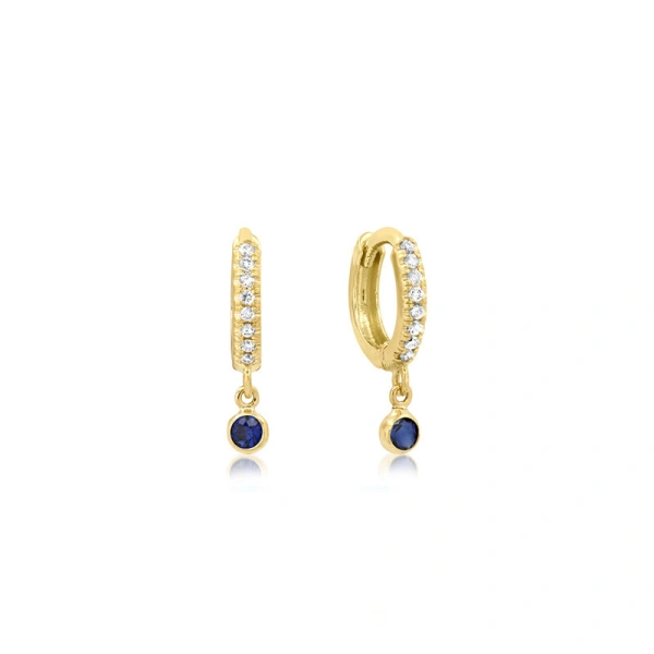 Jennifer Meyer Diamond Huggies with Mini Blue Sapphire Bezel Drop in 18K Yellow Gold | Fine Earrings | Coveti