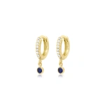 Jennifer Meyer Diamond Huggies with Mini Blue Sapphire Bezel Drop in 18K Yellow Gold | Fine Earrings | Coveti