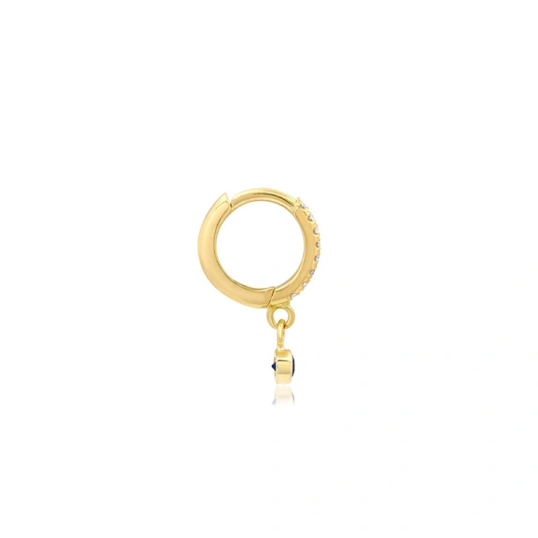 Jennifer Meyer Diamond Huggies with Mini Blue Sapphire Bezel Drop in 18K Yellow Gold | Fine Earrings | Coveti