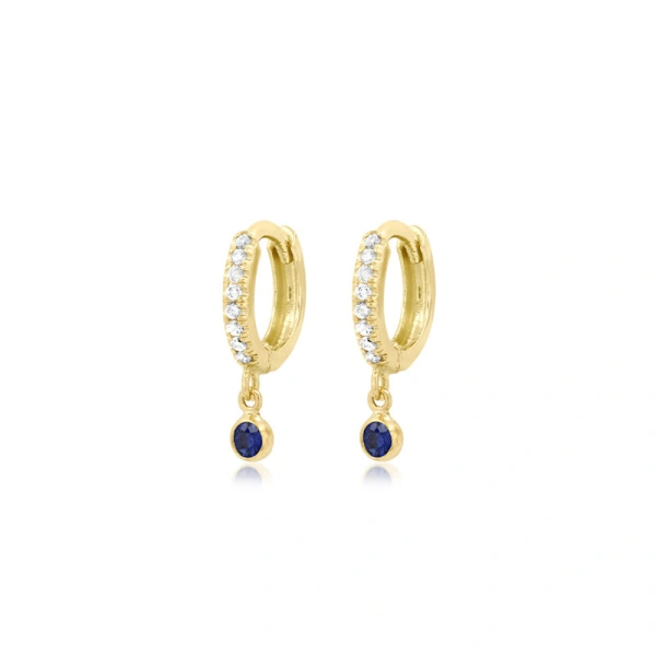 Jennifer Meyer Diamond Huggies with Mini Blue Sapphire Bezel Drop in 18K Yellow Gold | Fine Earrings | Coveti
