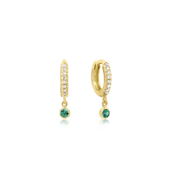 Jennifer Meyer Diamond Huggies with Mini Emerald Bezel Drop in 18K Yellow Gold | Fine Earrings | Coveti