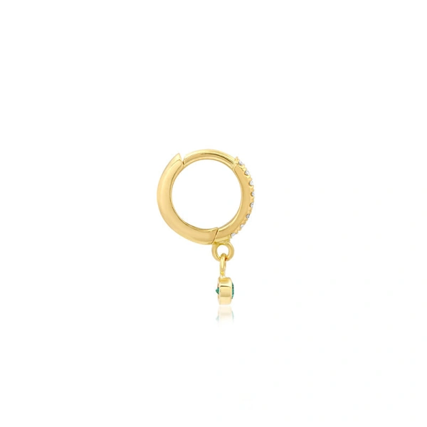 Jennifer Meyer Diamond Huggies with Mini Emerald Bezel Drop in 18K Yellow Gold | Fine Earrings | Coveti