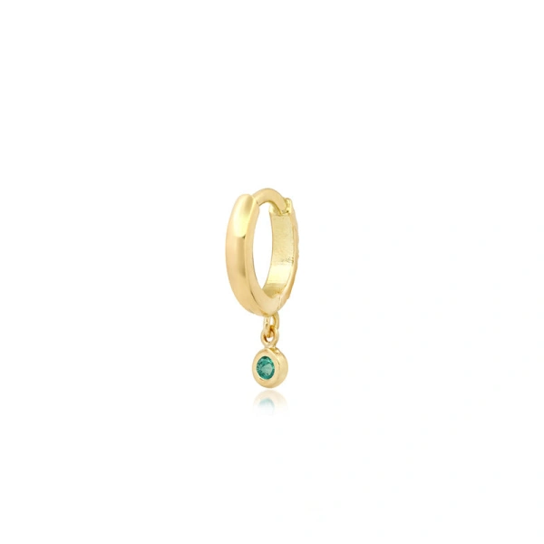 Jennifer Meyer Diamond Huggies with Mini Emerald Bezel Drop in 18K Yellow Gold | Fine Earrings | Coveti