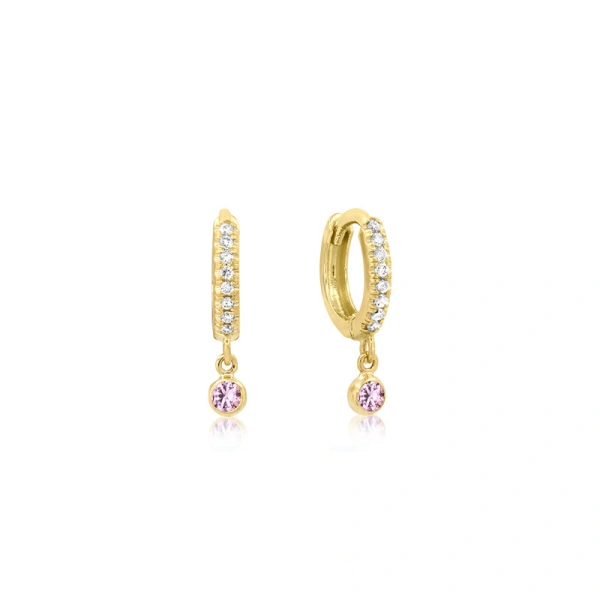 Jennifer Meyer Diamond Huggies with Mini Pink Sapphire Bezel Drop in 18K Yellow Gold | Fine Earrings | Coveti
