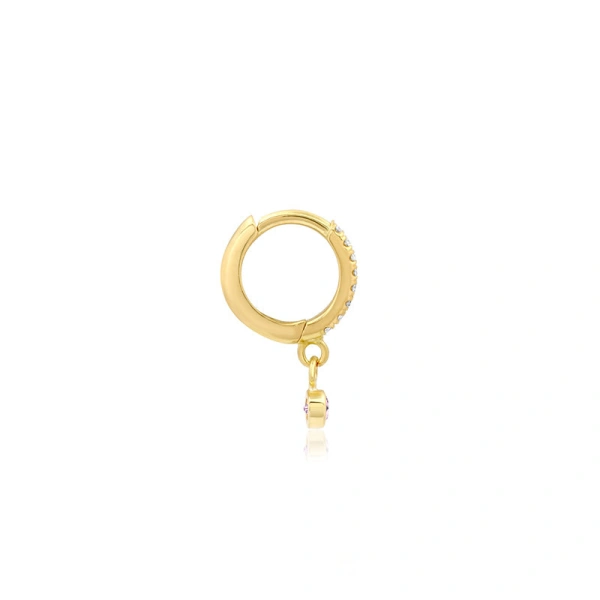 Jennifer Meyer Diamond Huggies with Mini Pink Sapphire Bezel Drop in 18K Yellow Gold | Fine Earrings | Coveti