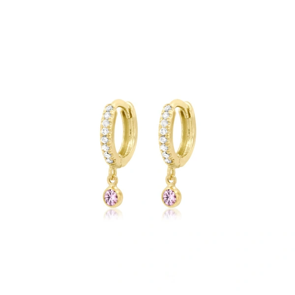 Jennifer Meyer Diamond Huggies with Mini Pink Sapphire Bezel Drop in 18K Yellow Gold | Fine Earrings | Coveti
