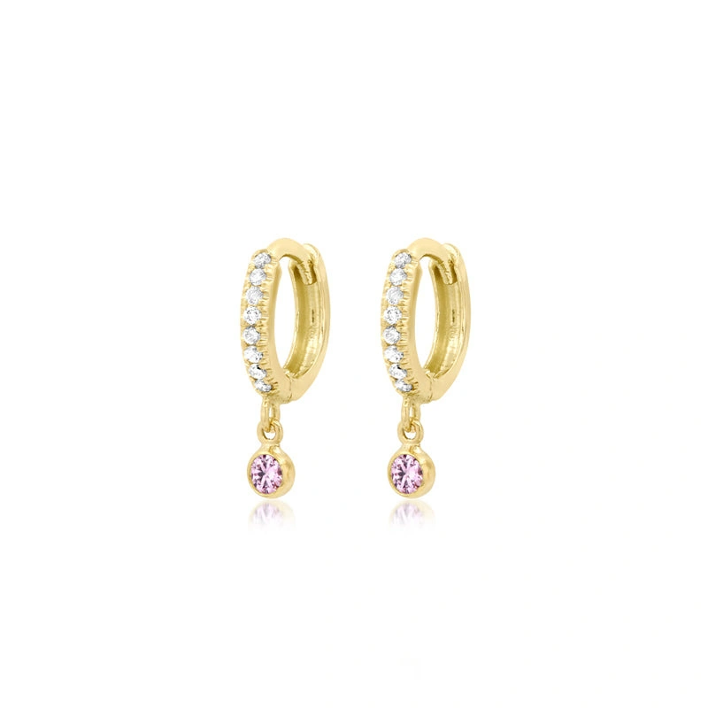Jennifer Meyer Diamond Huggies with Mini Pink Sapphire Bezel Drop in 18K Yellow Gold Jennifer Meyer Diamond Huggies with Mini Pink Sapphire Bezel Drop in 18K Yellow Gold | Fine Earrings | Coveti