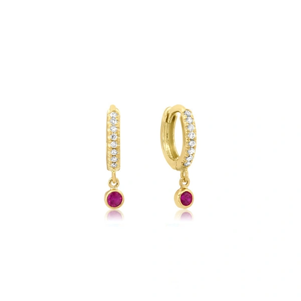 Jennifer Meyer Diamond Huggies with Mini Ruby Bezel Drop in 18K Yellow Gold | Fine Earrings | Coveti