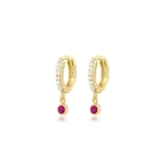 Jennifer Meyer Diamond Huggies with Mini Ruby Bezel Drop in 18K Yellow Gold | Fine Earrings | Coveti