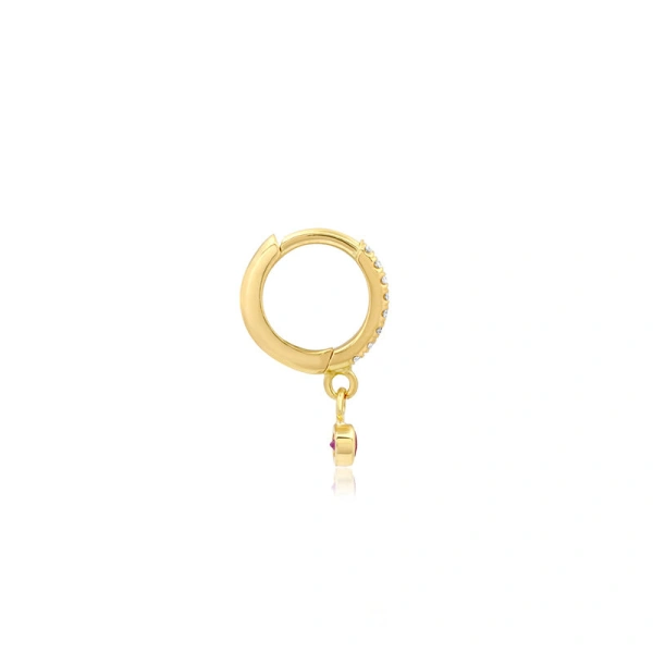 Jennifer Meyer Diamond Huggies with Mini Ruby Bezel Drop in 18K Yellow Gold | Fine Earrings | Coveti