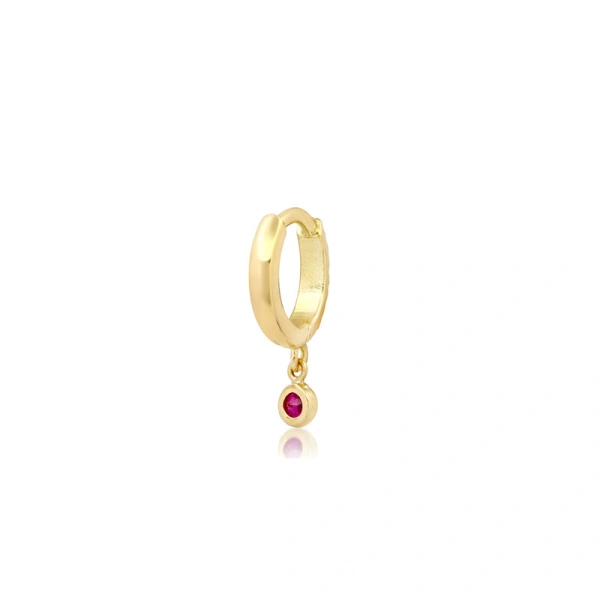 Jennifer Meyer Diamond Huggies with Mini Ruby Bezel Drop in 18K Yellow Gold | Fine Earrings | Coveti